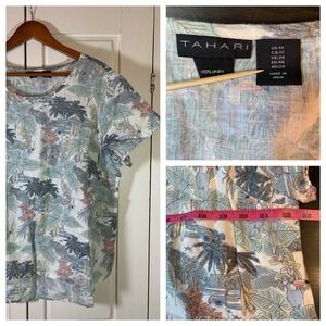 Tahari Linen Top Women's 1X Hawaiian Tropical Surf Palm Trees Cars Toucan Parrot